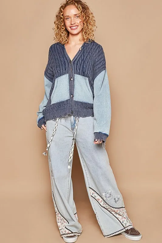 POL Vintage washed front pockets distressed cardigan - Blue Heather or Olive