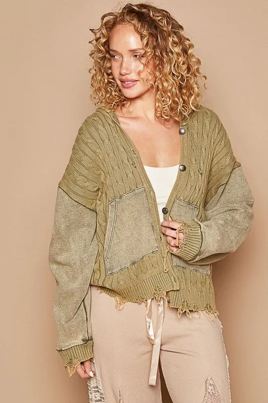 POL Vintage washed front pockets distressed cardigan - Blue Heather or Olive