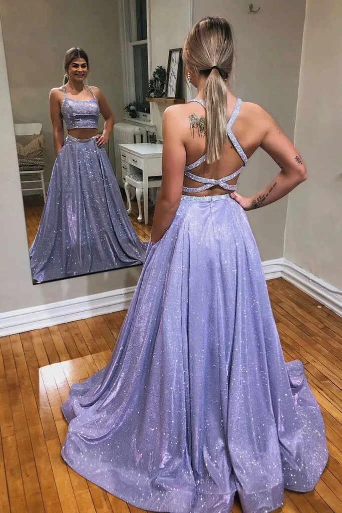 Promfast A-line Two Pieces Spaghetti Straps Sparkly Long Prom Dresses Evening Dress PFP1777