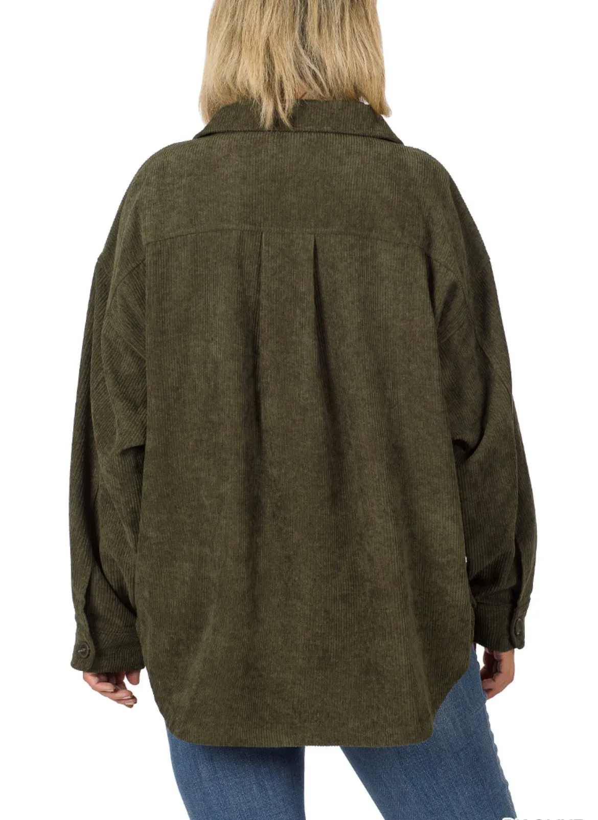 "Drew" Oversized Corduroy Shacket Dk Olive Plus Sizes