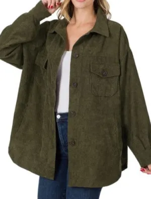 "Drew" Oversized Corduroy Shacket Dk Olive