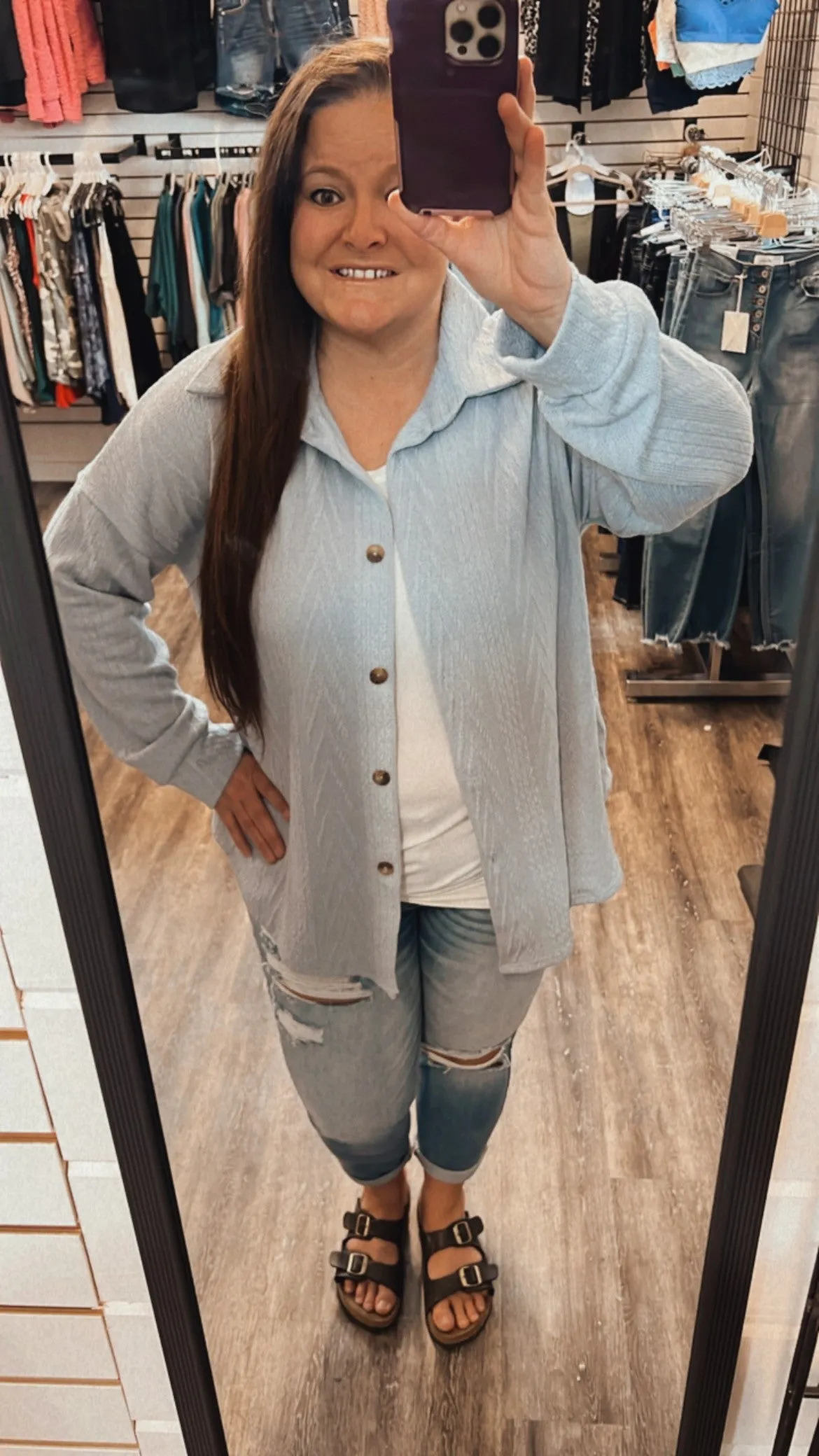 "Isabella" Cable Knit Button Down Top Blue Final Sale