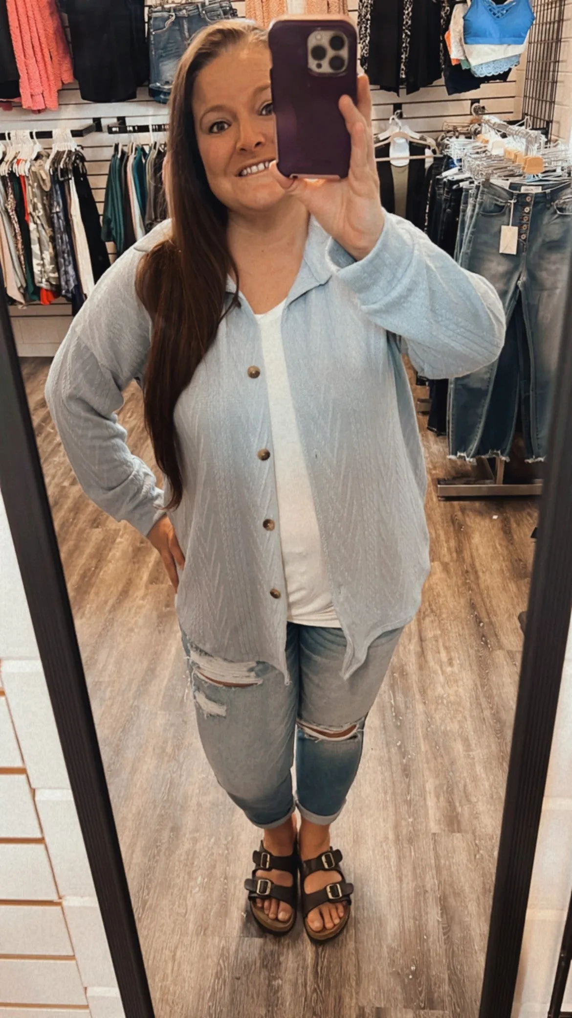 "Isabella" Cable Knit Button Down Top Blue Final Sale