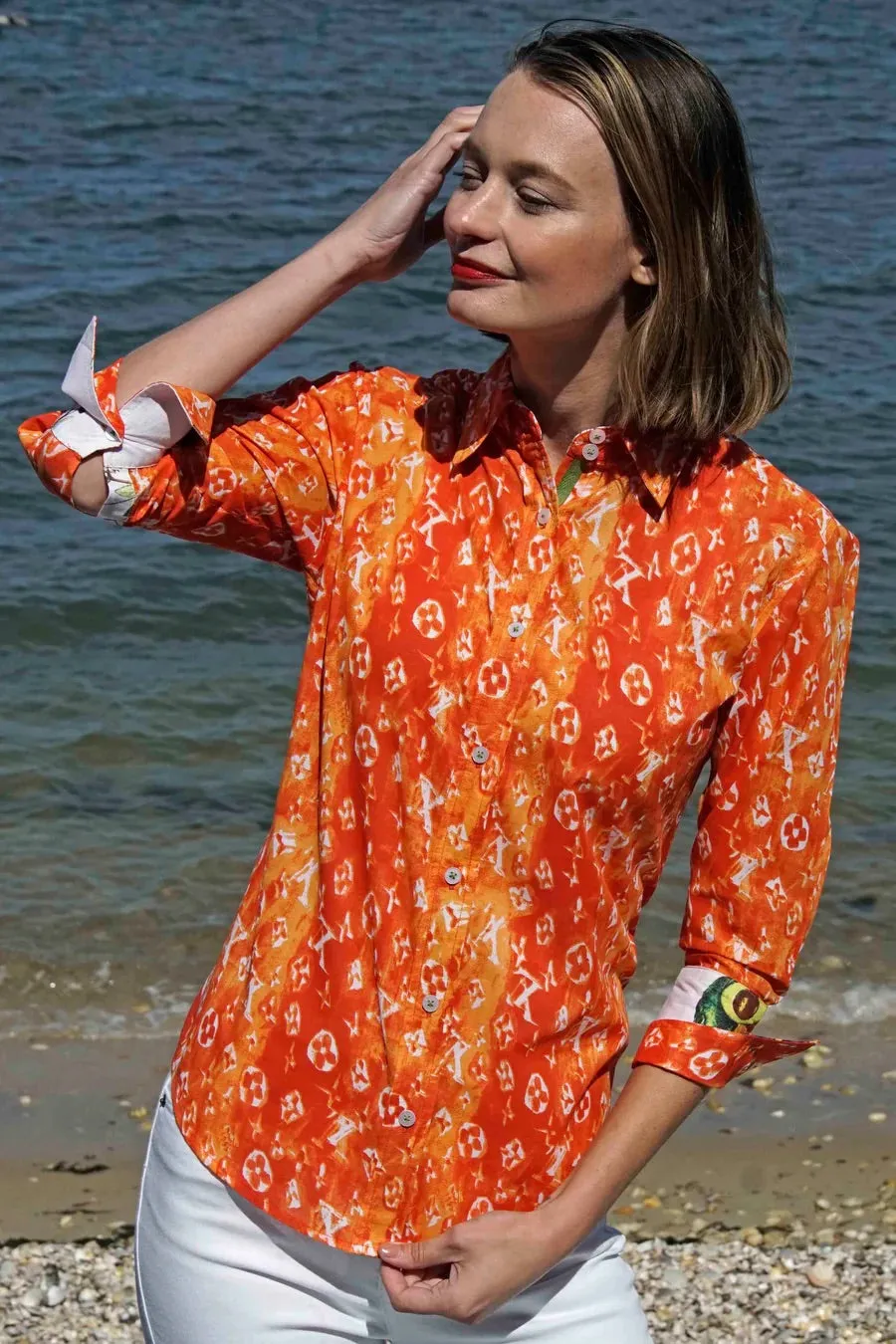 "Not Really Louis" Blouse - Orange and White