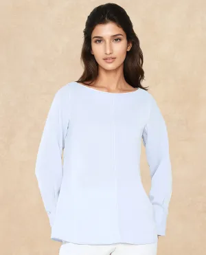 Rareism Women Pidet Blue Satin Cuffed Sleeves Boat Neck Button Closure Plain Top
