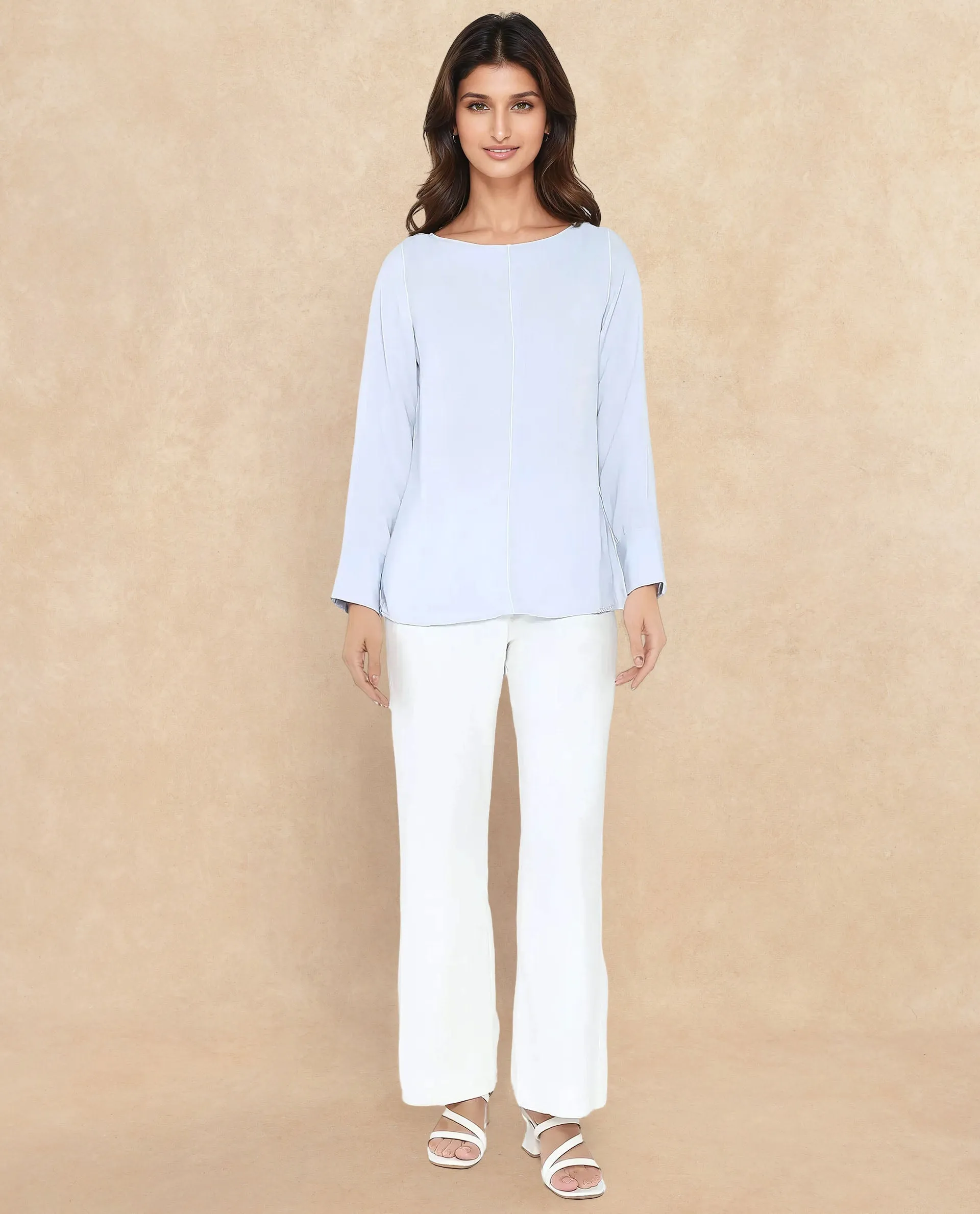 Rareism Women Pidet Blue Satin Cuffed Sleeves Boat Neck Button Closure Plain Top