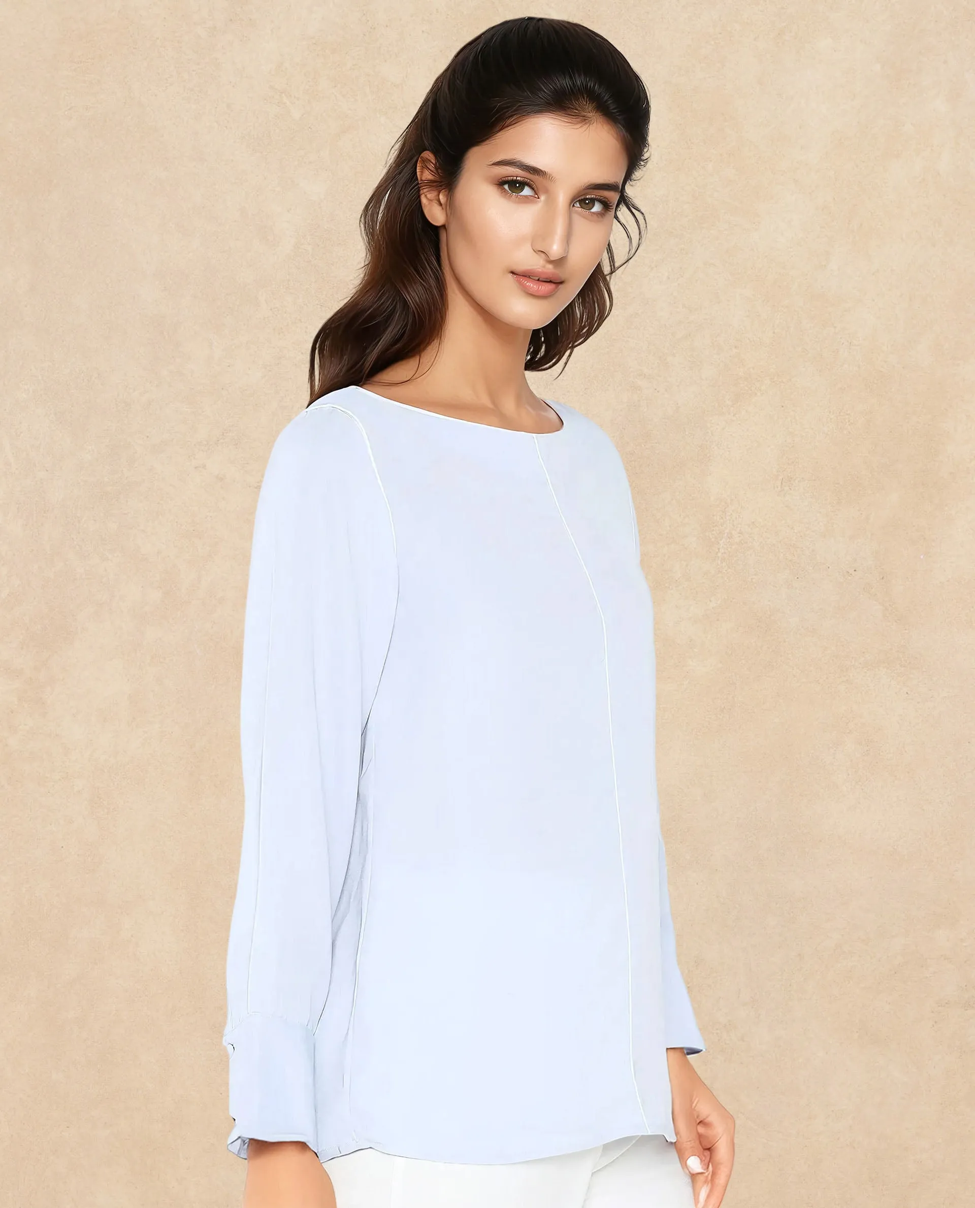 Rareism Women Pidet Blue Satin Cuffed Sleeves Boat Neck Button Closure Plain Top