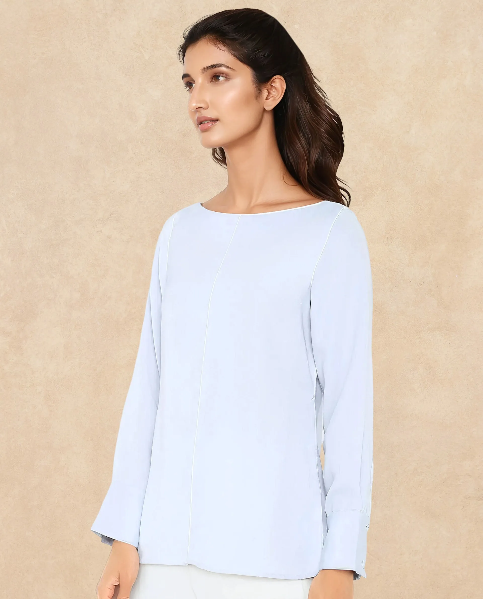 Rareism Women Pidet Blue Satin Cuffed Sleeves Boat Neck Button Closure Plain Top