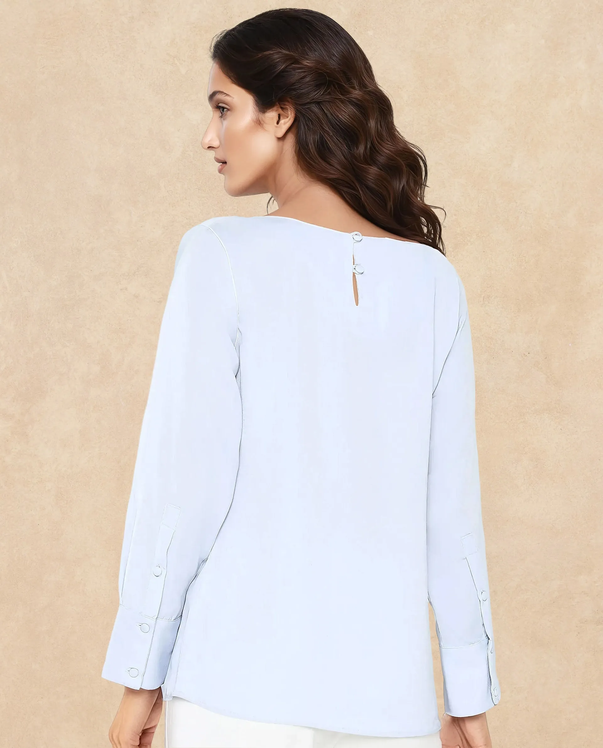Rareism Women Pidet Blue Satin Cuffed Sleeves Boat Neck Button Closure Plain Top