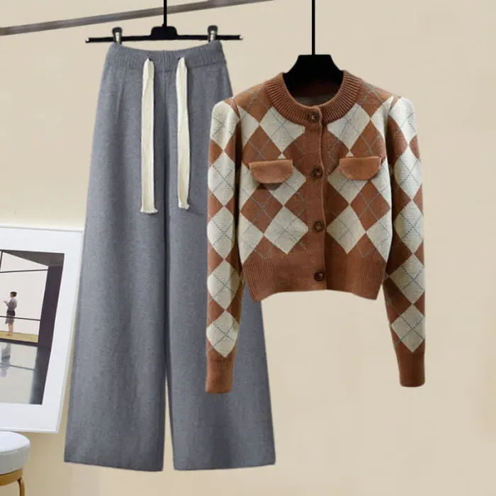 Rhombus Cardigan Sweater Pure Color Knit Pants