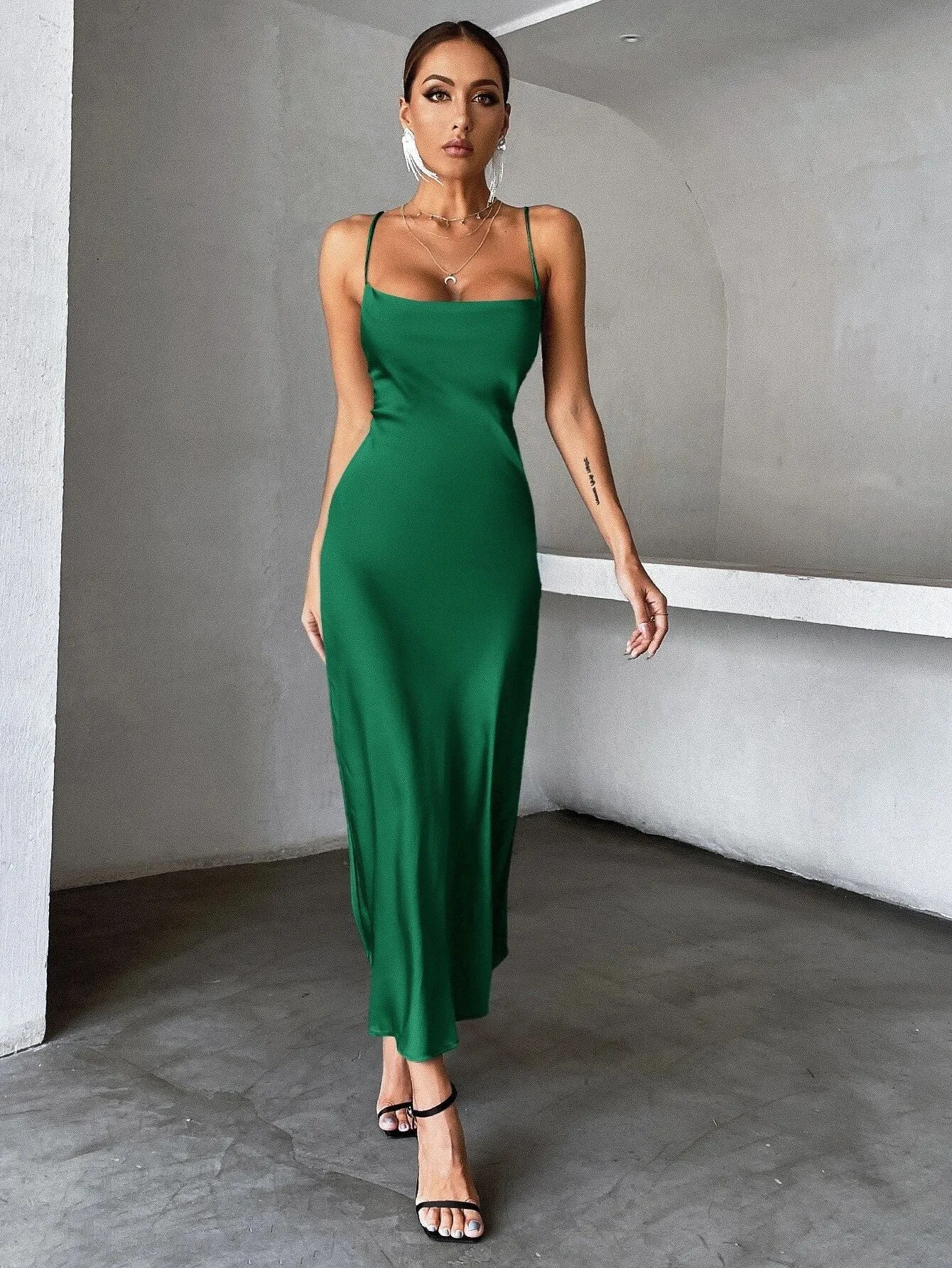 Solid Satin Spaghetti Strap Party Dress