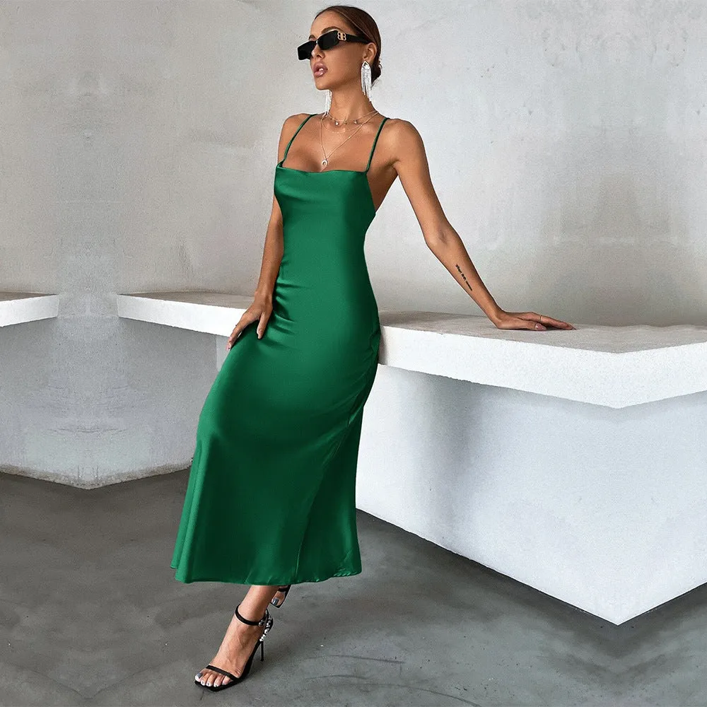Solid Satin Spaghetti Strap Party Dress