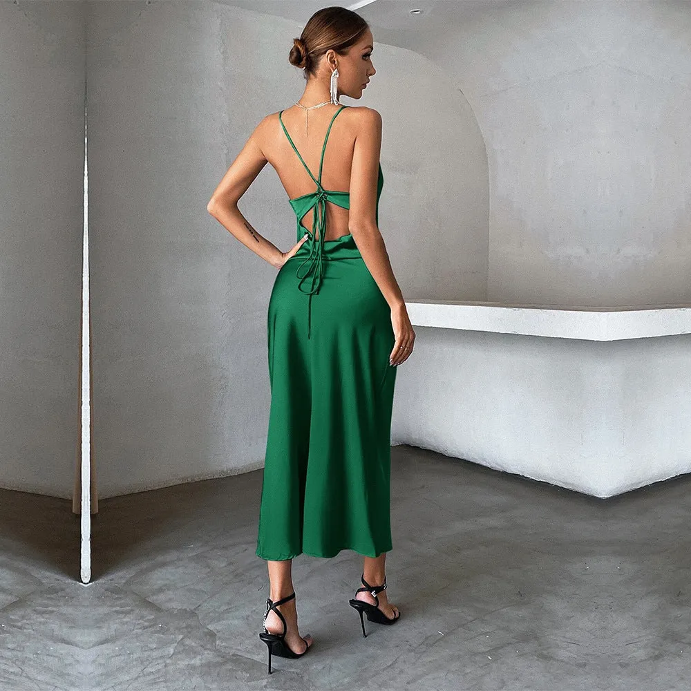 Solid Satin Spaghetti Strap Party Dress