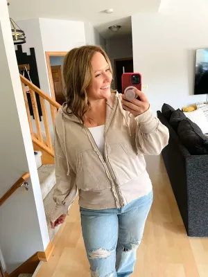 Stone Washed Zip Up Hoodie in Ash Mocha