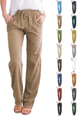 Straight Leg Cotton Linen Pants for Women Summer Casual Pants Boho Beach Pants High Waisted Lounge Pants with Pockets