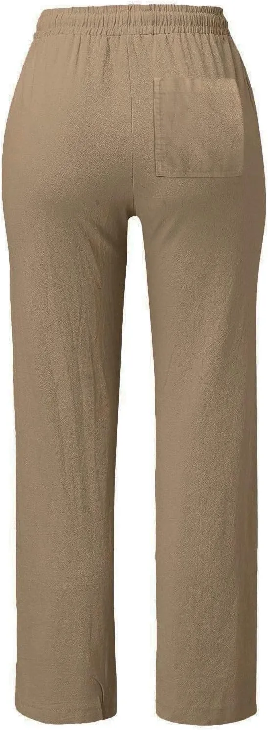 Straight Leg Cotton Linen Pants for Women Summer Casual Pants Boho Beach Pants High Waisted Lounge Pants with Pockets