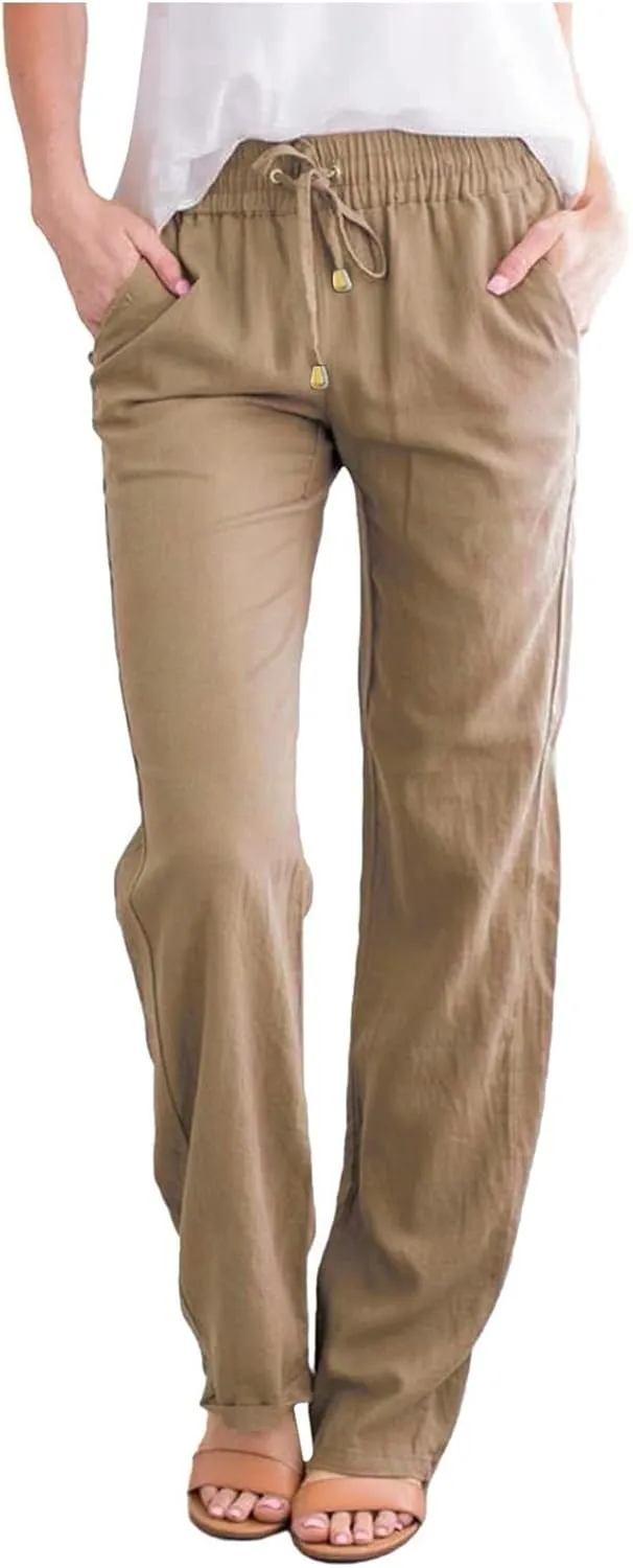 Straight Leg Cotton Linen Pants for Women Summer Casual Pants Boho Beach Pants High Waisted Lounge Pants with Pockets