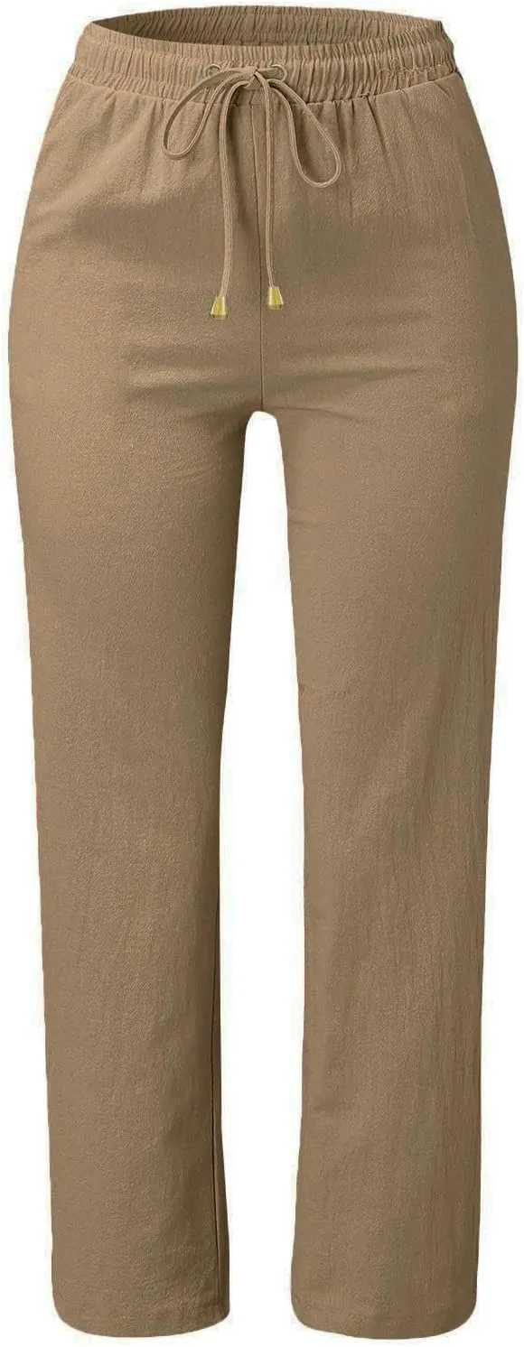 Straight Leg Cotton Linen Pants for Women Summer Casual Pants Boho Beach Pants High Waisted Lounge Pants with Pockets