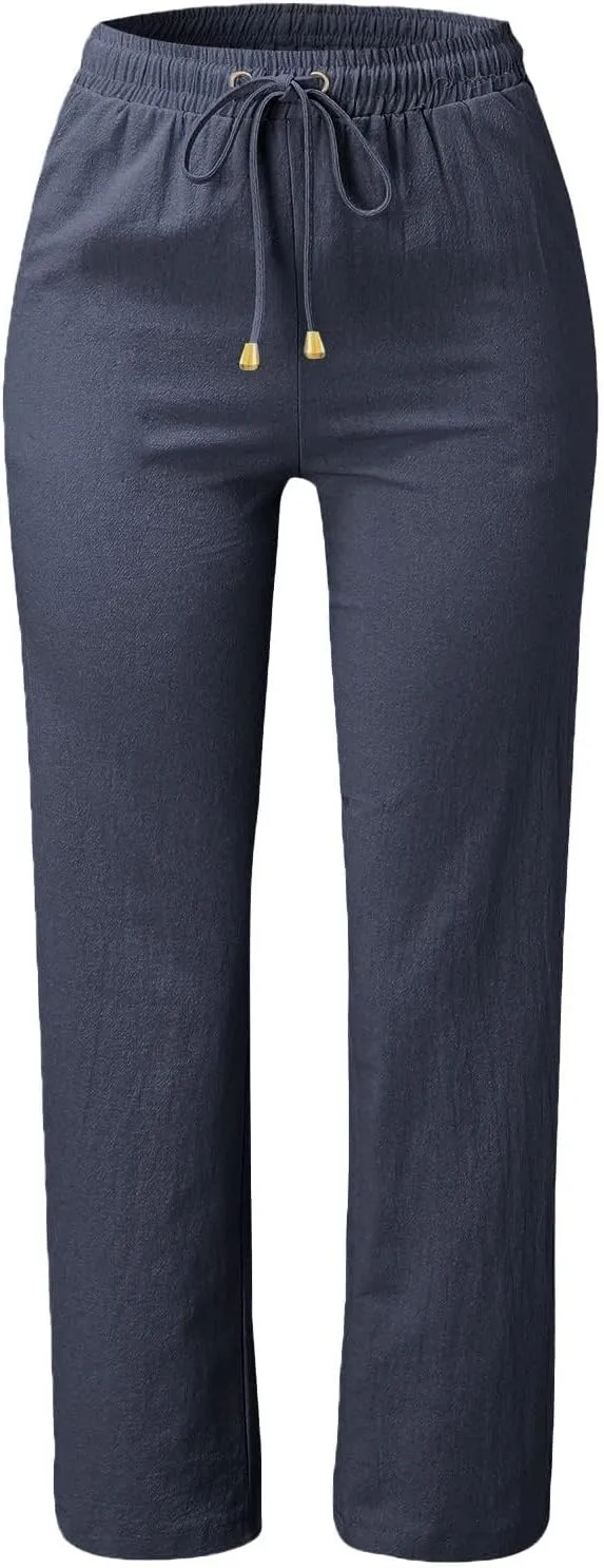 Straight Leg Linen Pants Women Summer Boho Pants Lightweight Loose Cotton Pants High Waisted Lounge Pants Trousers