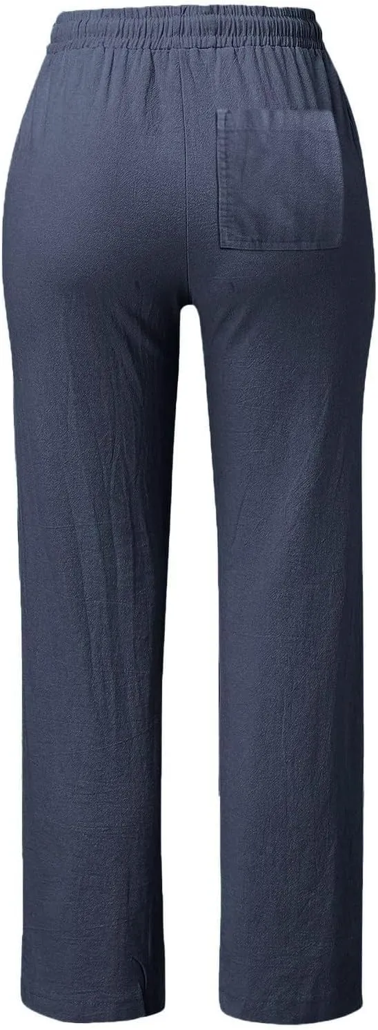 Straight Leg Linen Pants Women Summer Boho Pants Lightweight Loose Cotton Pants High Waisted Lounge Pants Trousers