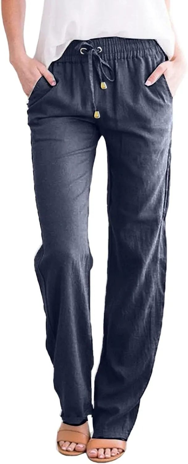 Straight Leg Linen Pants Women Summer Boho Pants Lightweight Loose Cotton Pants High Waisted Lounge Pants Trousers