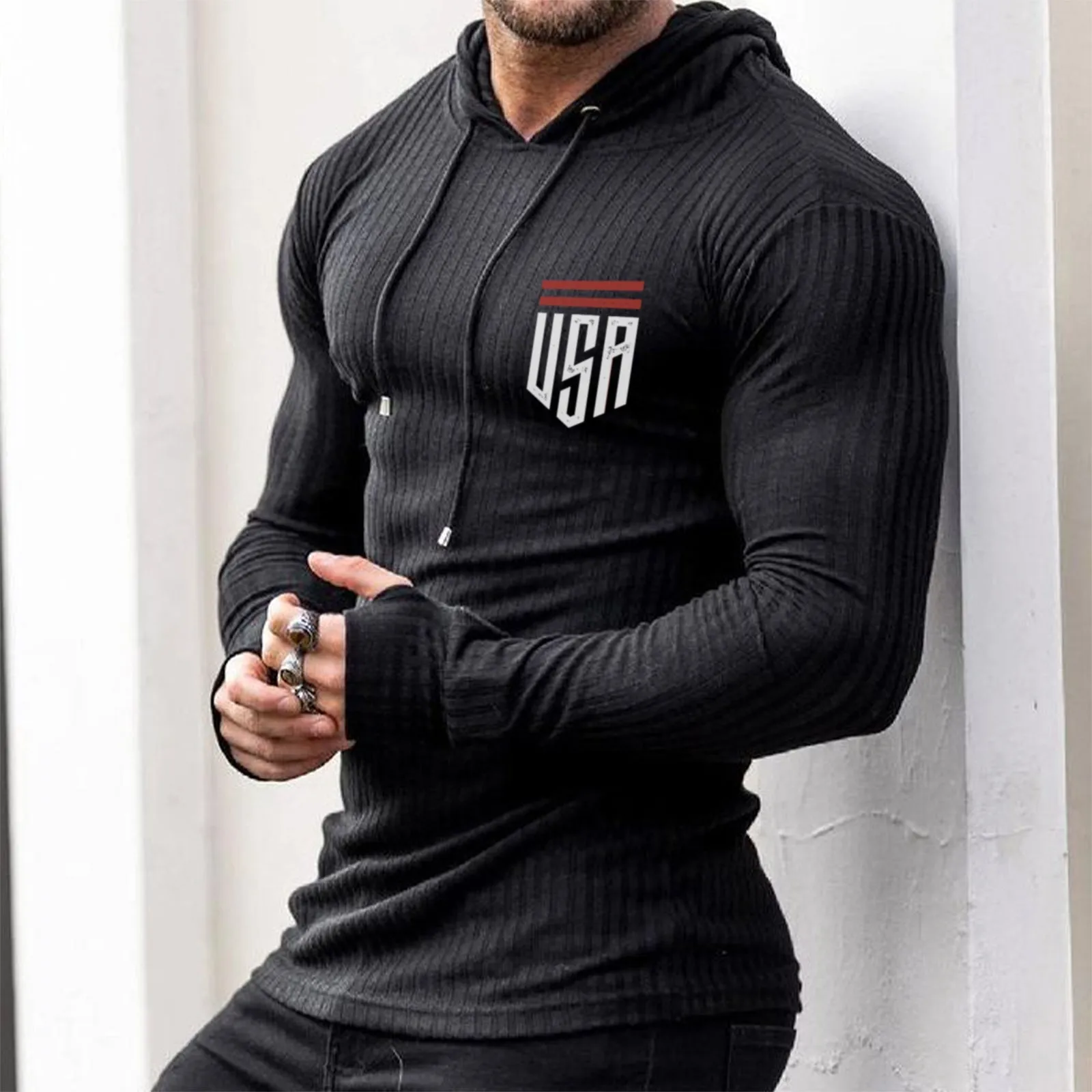 USA STRIPED GRAPHIC KNITTED HOODIE