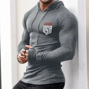 USA STRIPED GRAPHIC KNITTED HOODIE