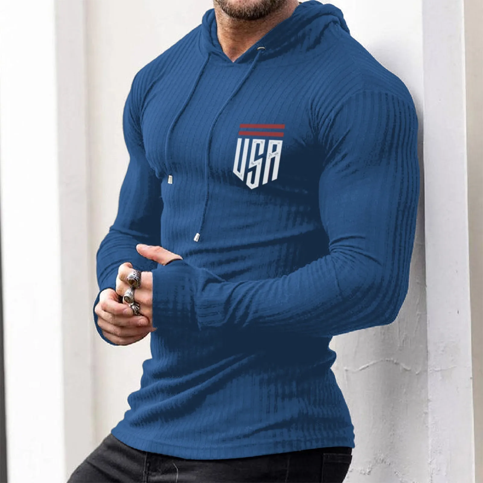 USA STRIPED GRAPHIC KNITTED HOODIE