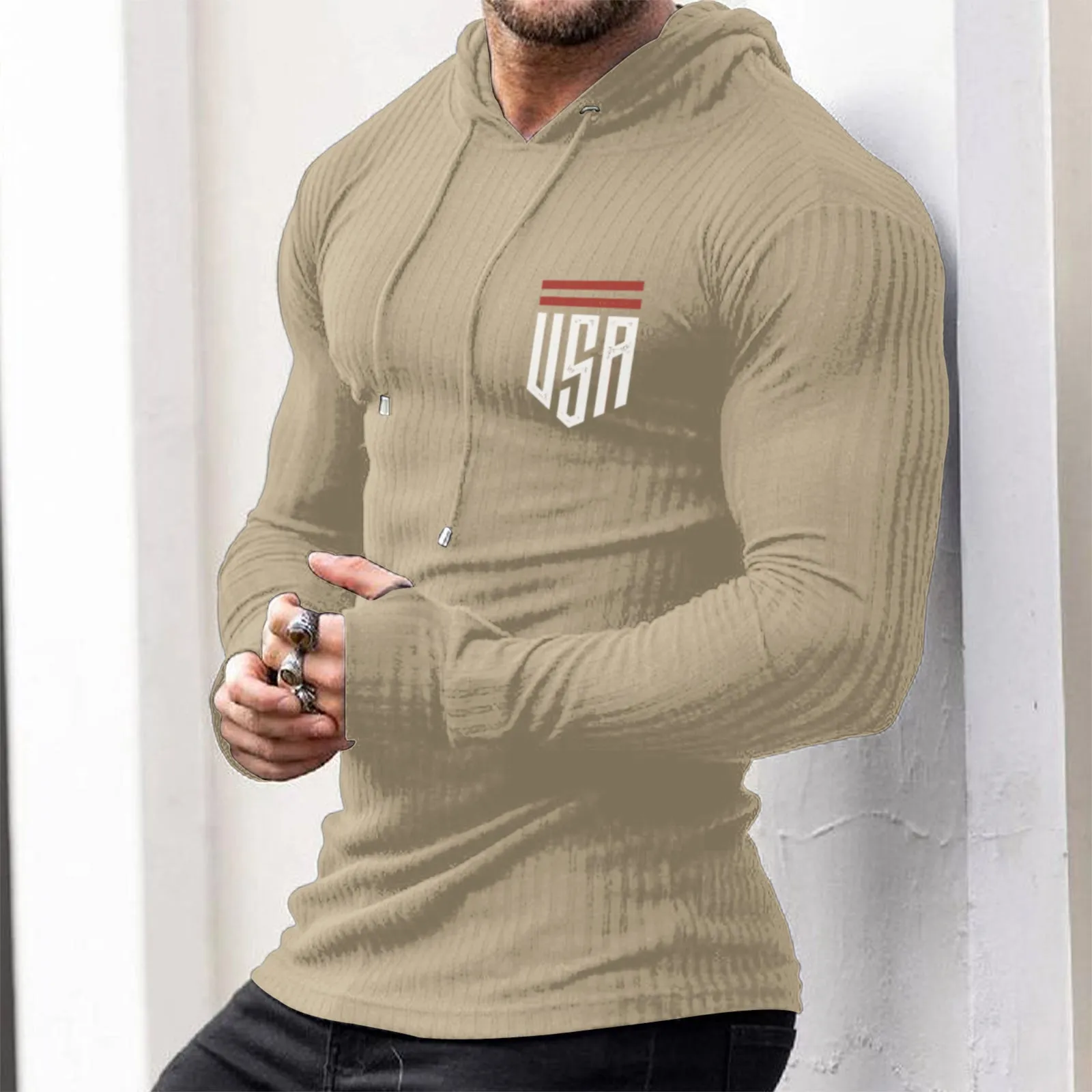 USA STRIPED GRAPHIC KNITTED HOODIE