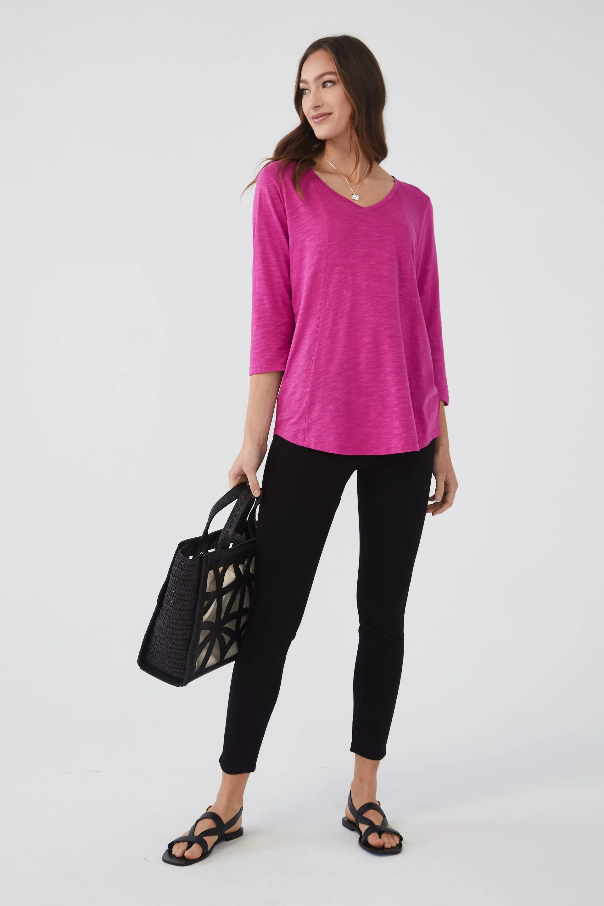 V-Neck Top in Solid Slub Jersey