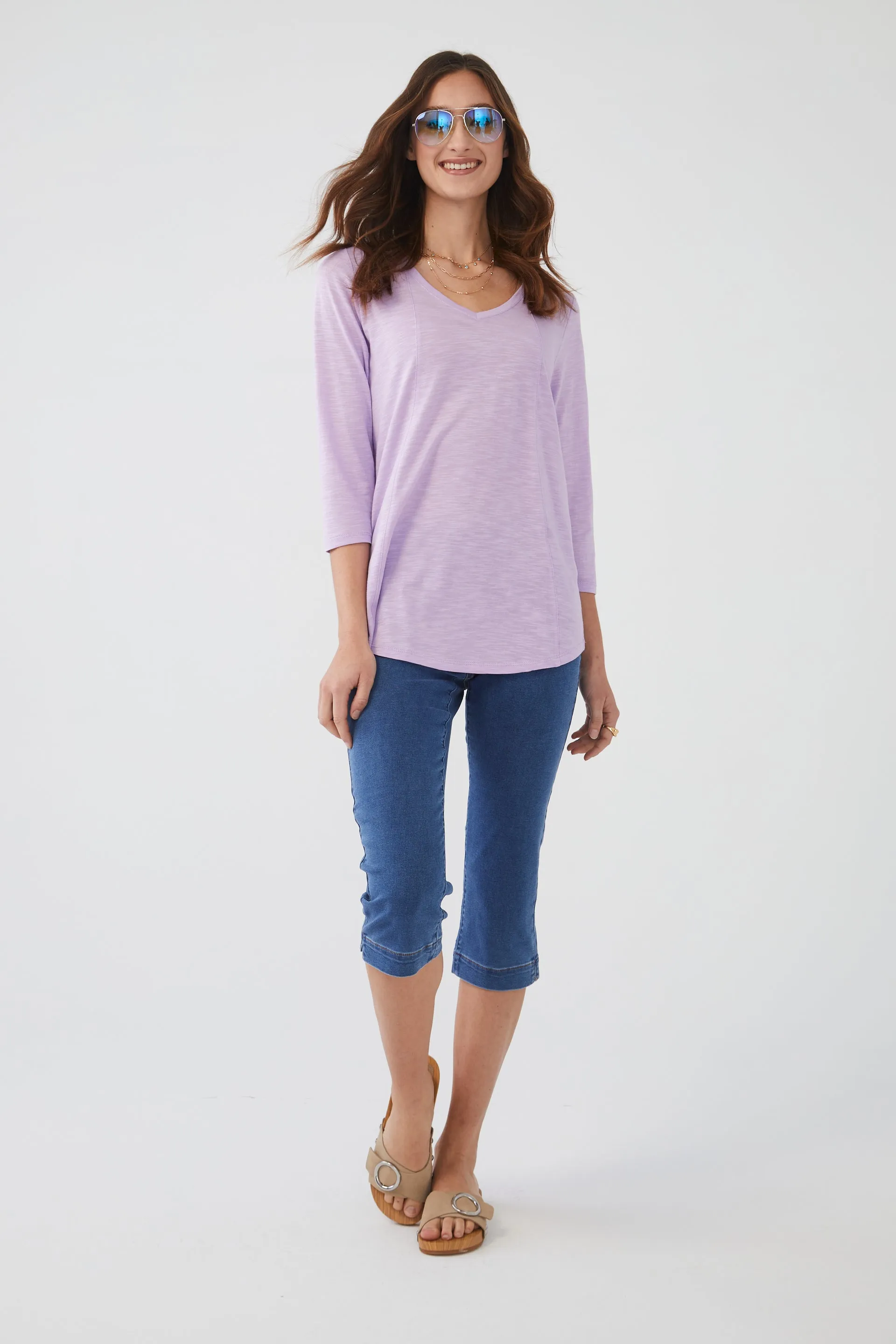 V-Neck Top in Solid Slub Jersey