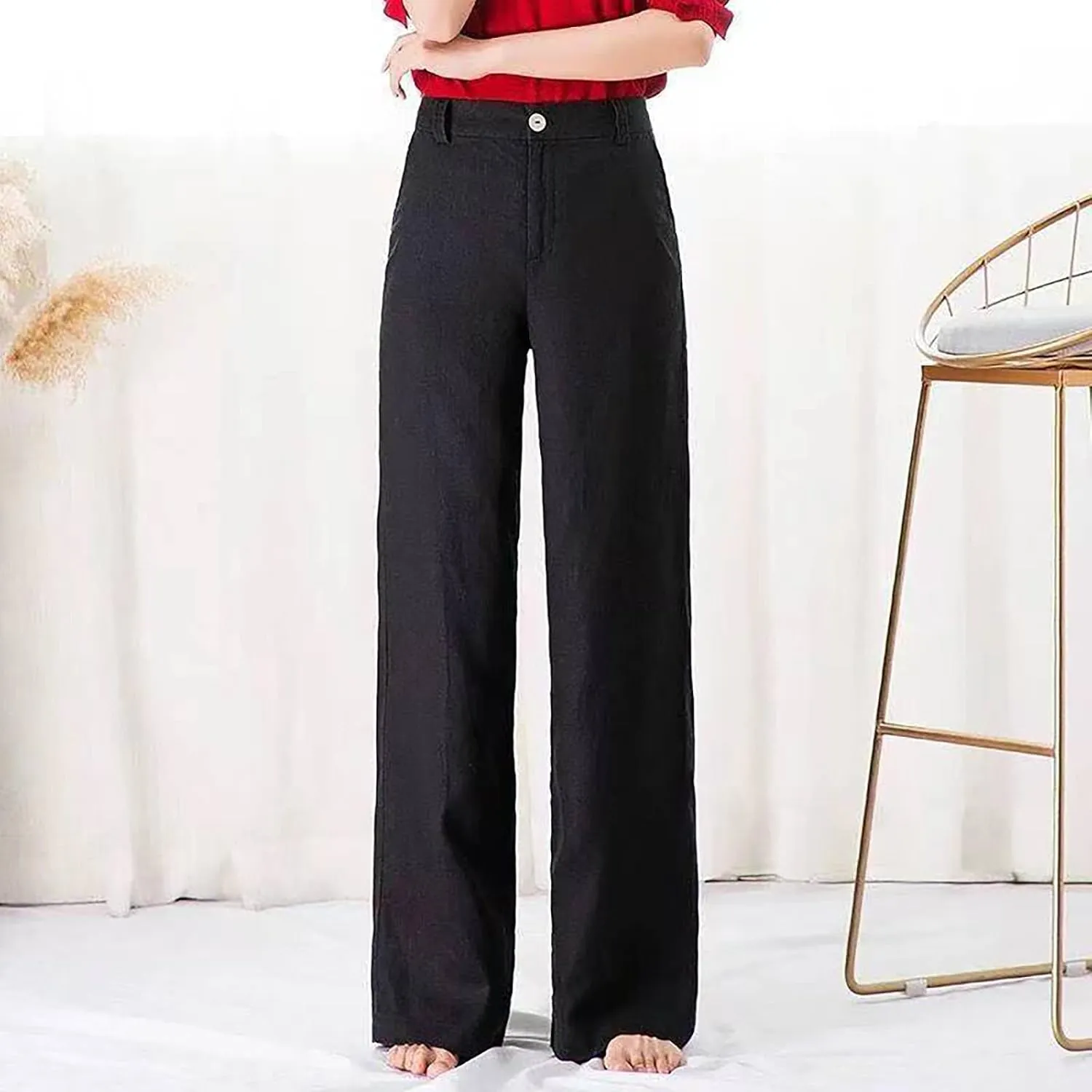 Wide Leg Linen Pants for Women Summer High Waist Loose Breathable Casual Pants Resort Wear Lightweight Skinny Trousers