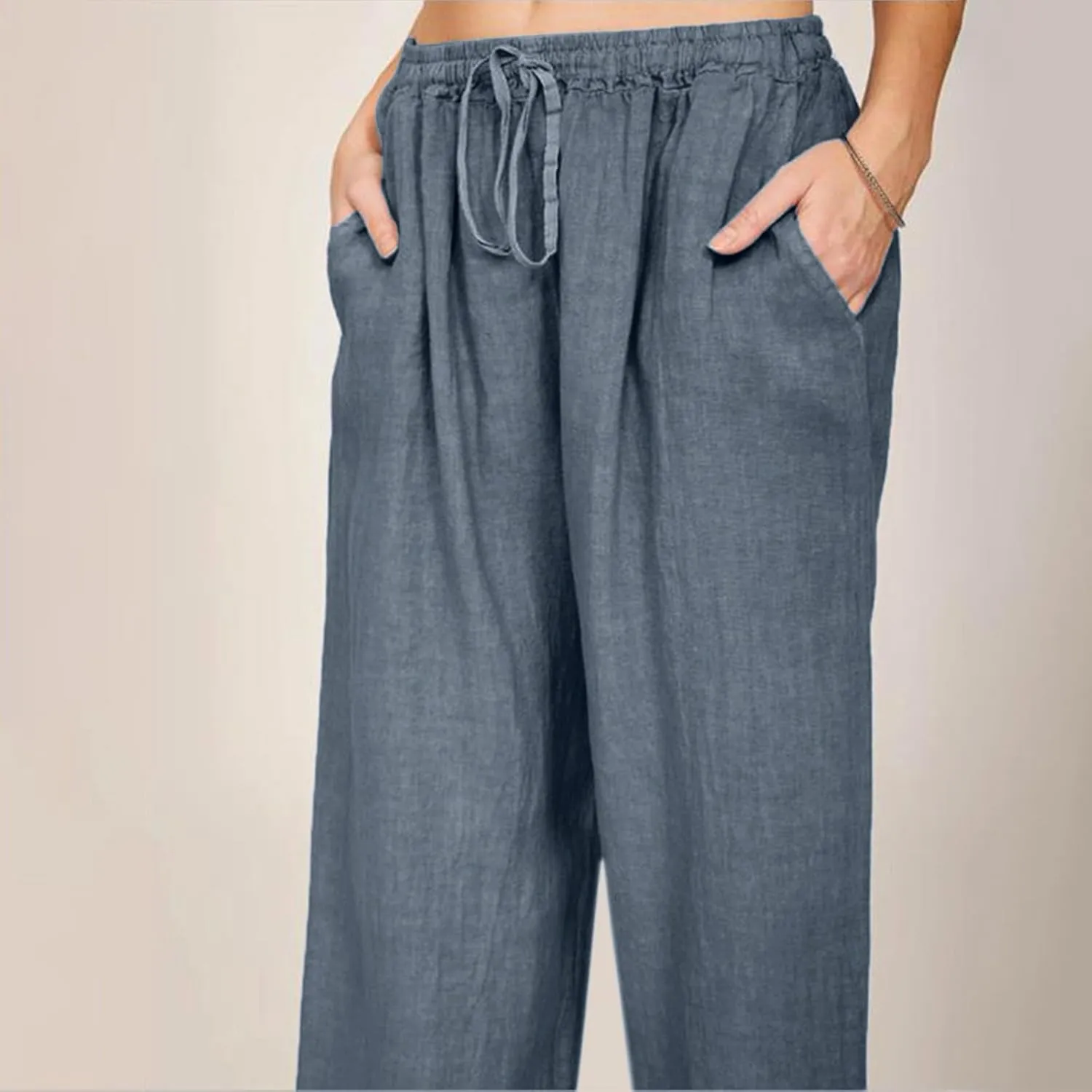 Wide Leg Trousers Women Linen Feel Casual Lightweight Summer Drawstring Elastic Waist Comfy Palazzo Pants with Pockets