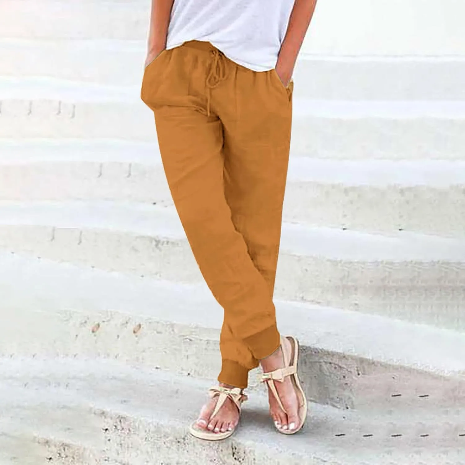 Women Linen Pants Drawstring Elastic Waist Summer Casual Beach Pants with Pockets Wide Leg Palazzo Trouser for Vacation