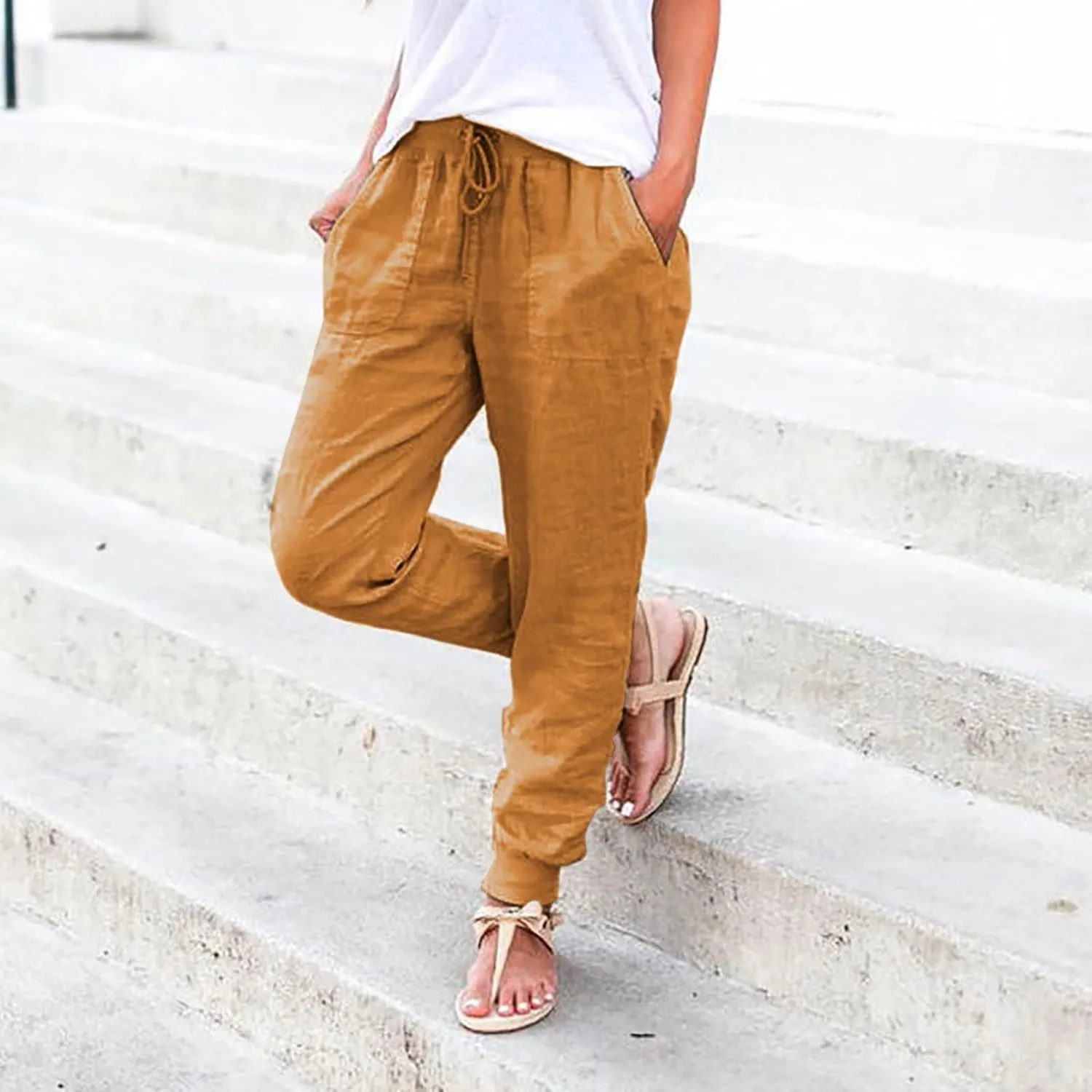 Women Linen Pants Drawstring Elastic Waist Summer Casual Beach Pants with Pockets Wide Leg Palazzo Trouser for Vacation