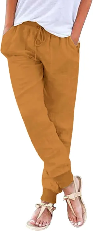Women Linen Pants Drawstring Elastic Waist Summer Casual Beach Pants with Pockets Wide Leg Palazzo Trouser for Vacation