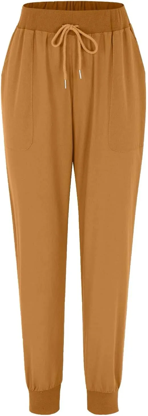 Women Linen Pants Drawstring Elastic Waist Summer Casual Beach Pants with Pockets Wide Leg Palazzo Trouser for Vacation