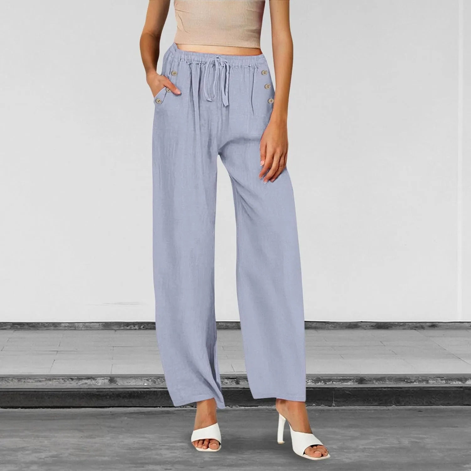 Women Linen Pants Wide Leg Drawstring High Waisted Pants Summer Flowy Lounge Beach Trousers with Pockets