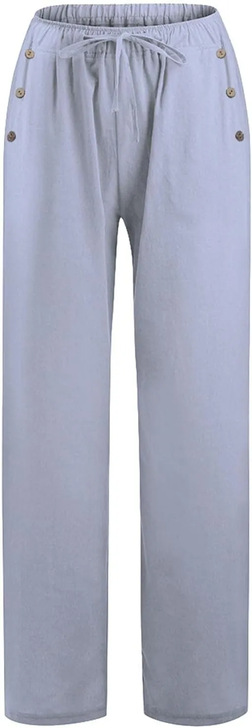 Women Linen Pants Wide Leg Drawstring High Waisted Pants Summer Flowy Lounge Beach Trousers with Pockets
