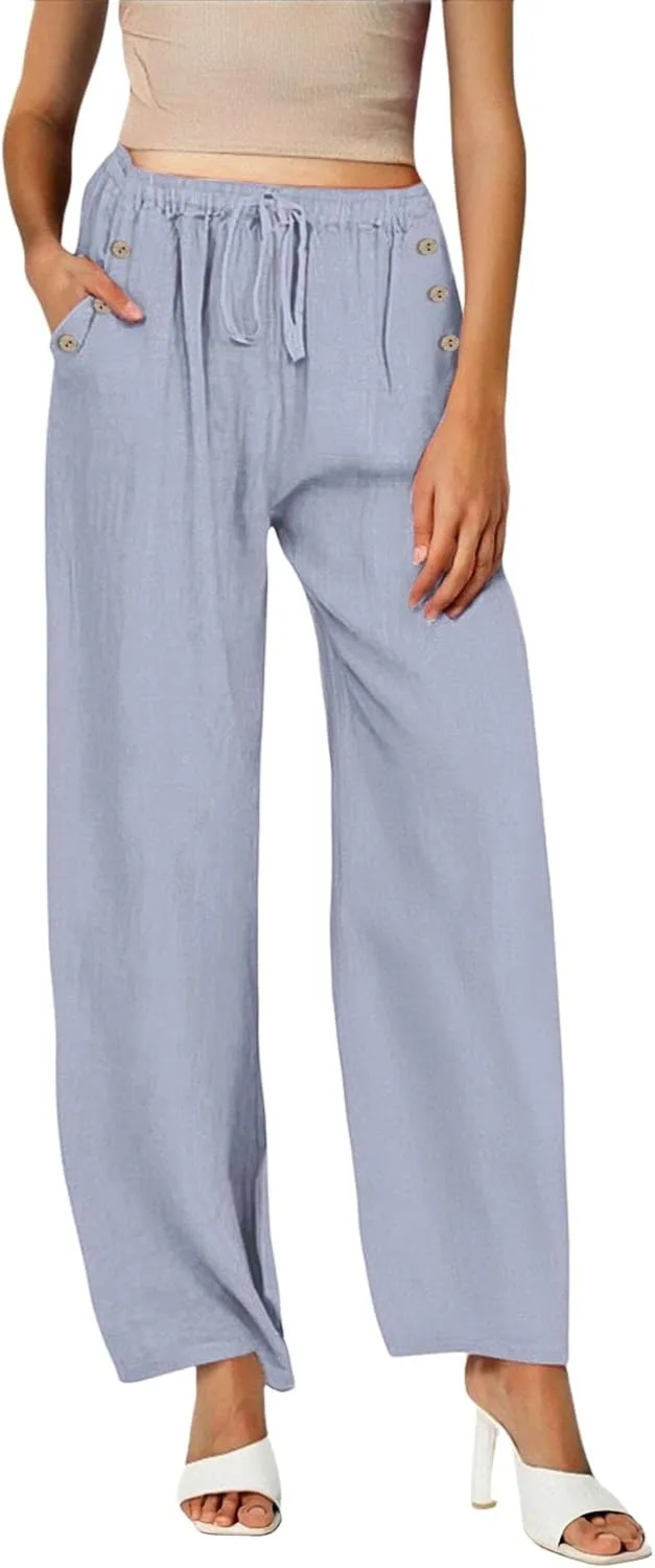 Women Linen Pants Wide Leg Drawstring High Waisted Pants Summer Flowy Lounge Beach Trousers with Pockets