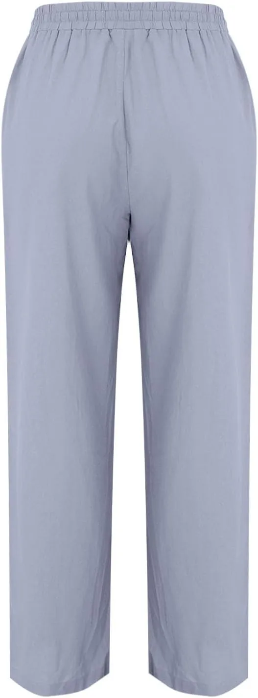 Women Linen Pants Wide Leg Drawstring High Waisted Pants Summer Flowy Lounge Beach Trousers with Pockets