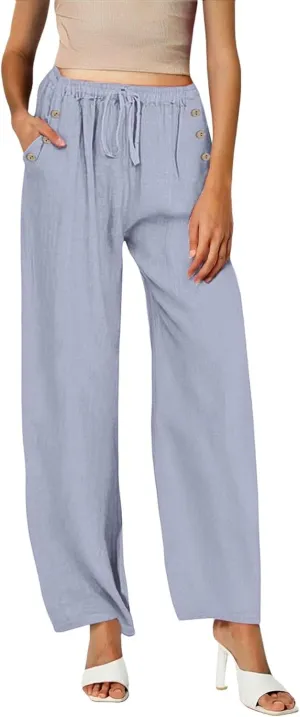 Women Linen Pants Wide Leg Drawstring High Waisted Pants Summer Flowy Lounge Beach Trousers with Pockets