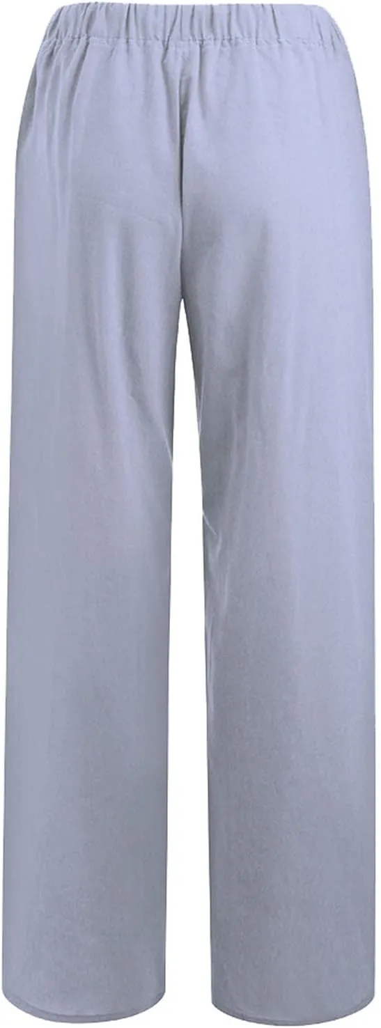 Women Linen Pants Wide Leg Drawstring High Waisted Pants Summer Flowy Lounge Beach Trousers with Pockets