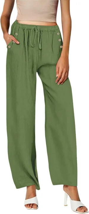 Women Linen Pants Wide Leg Drawstring High Waisted Pants Summer Flowy Lounge Beach Trousers with Pockets