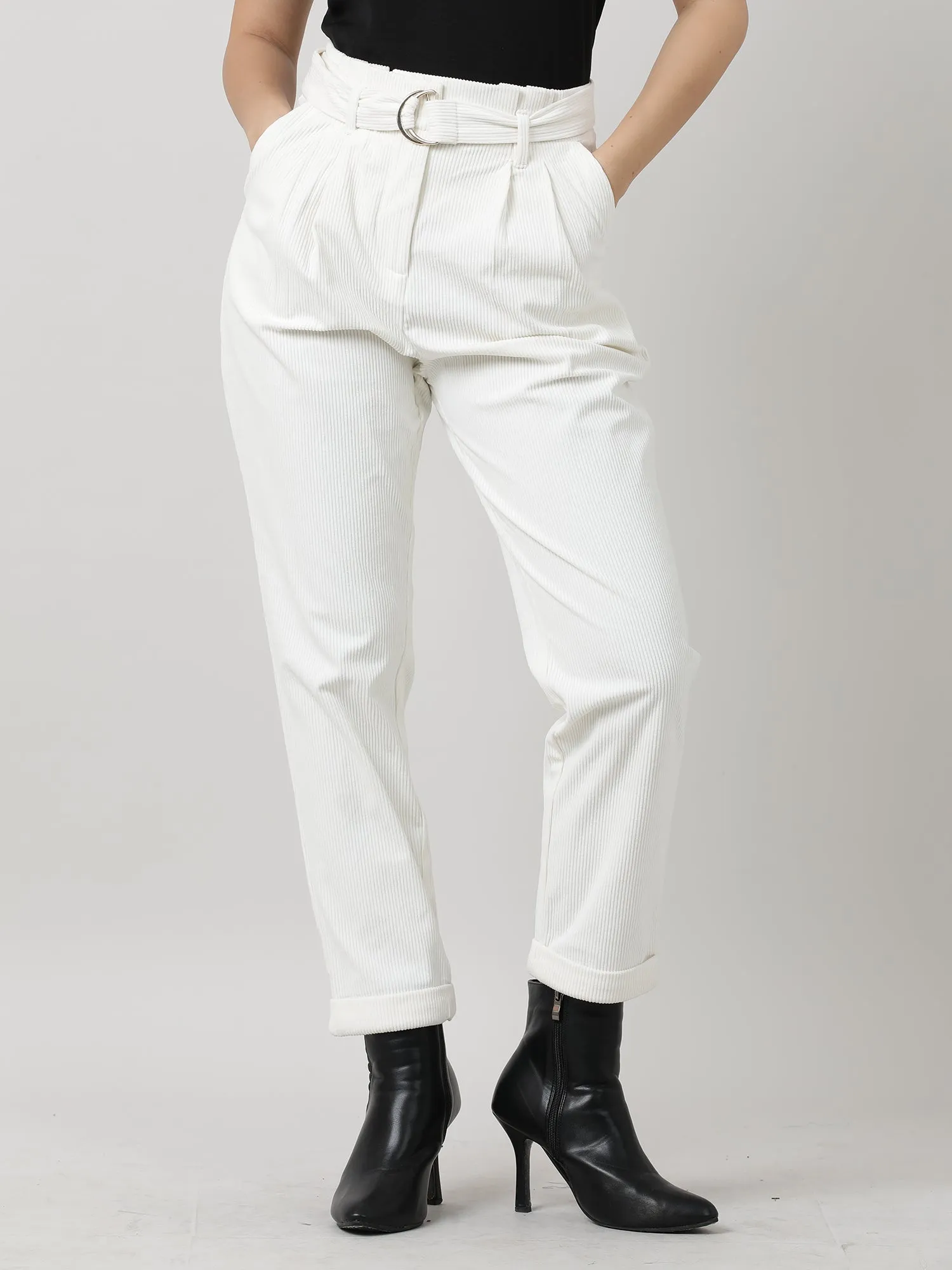 Women Regular Fit Cream Ribbed Pants With Belt