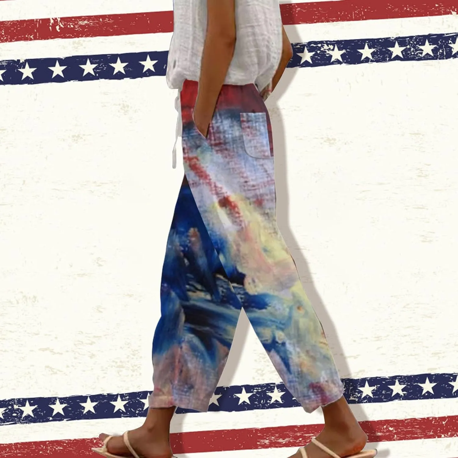 Women's Capris Elastic Cropped Trousers Boho Drawstring Linen Waist Wide-Leg Pants for Travel Beach