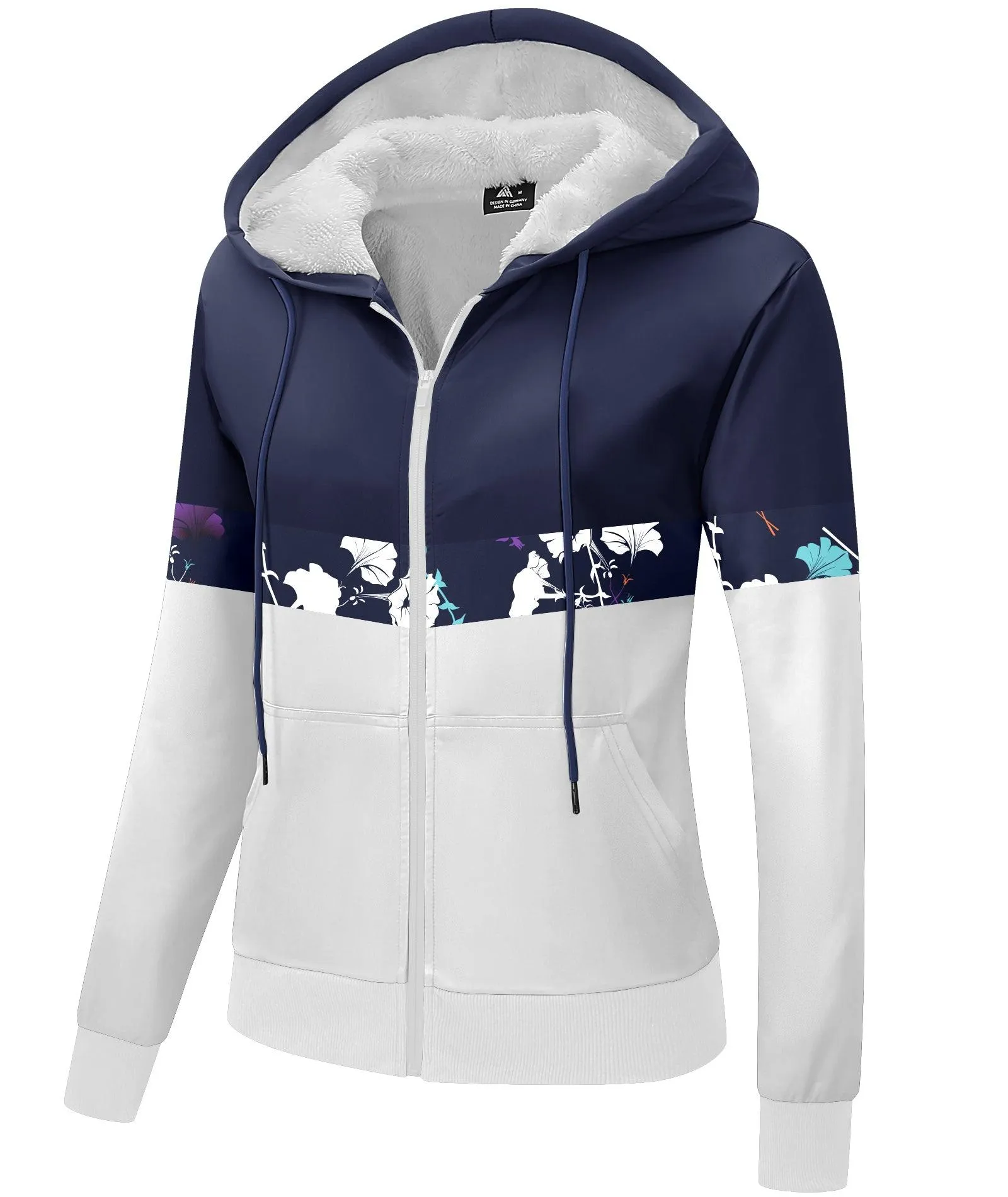 Women's Fleece Lined Drawstring Zip-Up Printed Hoodie-ZPK006158