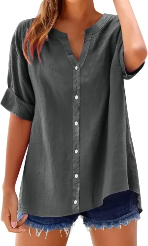 Womens Linen Button Down Shirts Summer 2025 Roll up Sleeve Oversized Boyfriend Solid Tops Casual Dressy Blouses