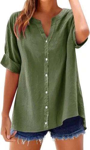 Womens Linen Button Down Shirts Summer 2025 Roll up Sleeve Oversized Boyfriend Solid Tops Casual Dressy Blouses