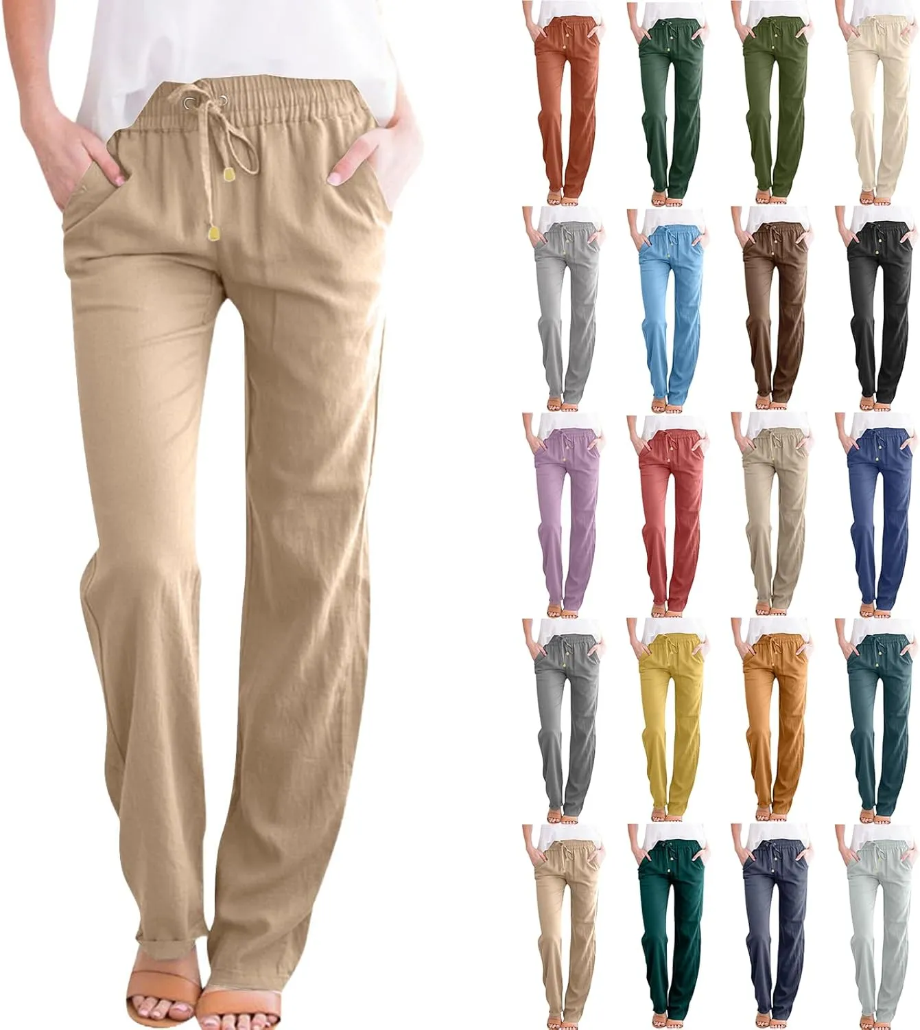 Womens Linen Pants Straight Leg High Waisted Pull On Dress Pants Summer Elastic Waist Flowy Beach Pants with Pockets